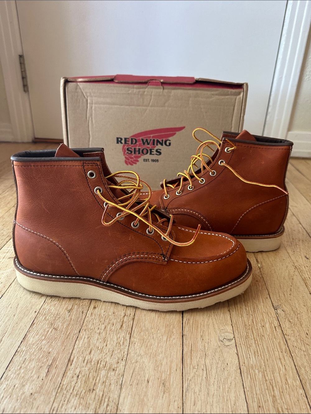 Red Wing Shoes 875 Tan Leather Moc Toe Boots with Yellow Laces